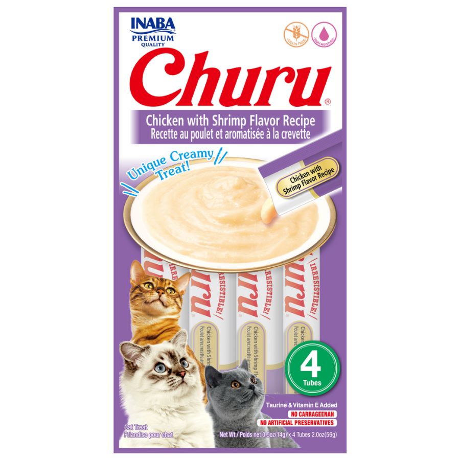 Snack cremoso para gatos Inaba Churu sabor pollo con camaron, textura suave y sabor natural.