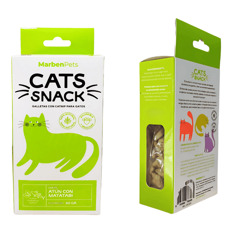 Galleta rellena para gatos con atun real y matatabi natural, premio sensorial altamente palatable.