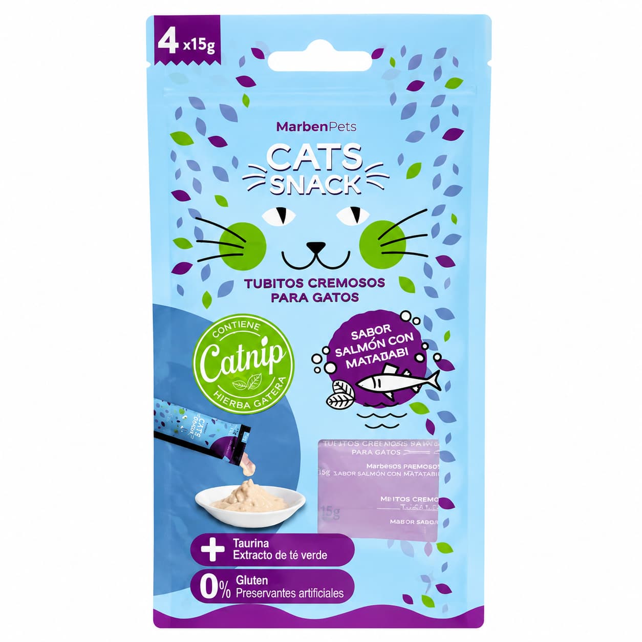 Cats Snack Tubito Cremoso Salmón con Matatabi y Catnip pack de 4 tubitos de 15 g para gatos