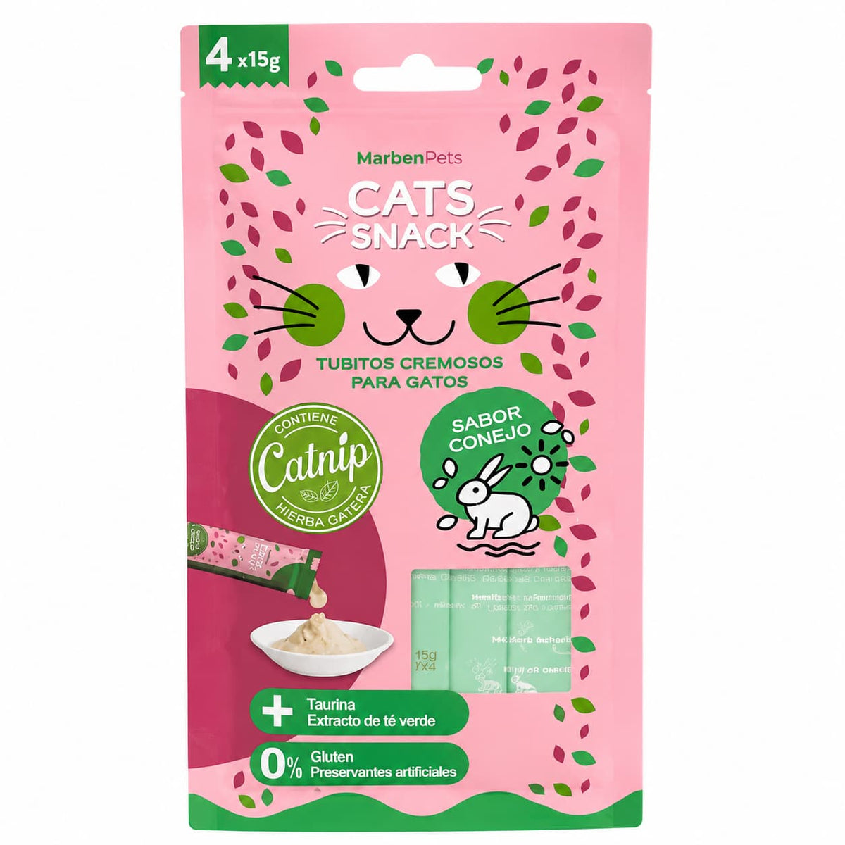 Cats Snack Tubito Cremoso Conejo con Catnip pack de 4 tubitos de 15 g para gatos