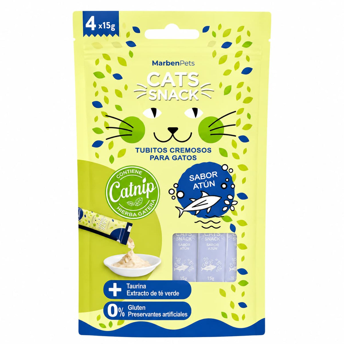 Cats Snack Tubito Cremoso Atún con Catnip pack de 4 tubitos de 15 g para gatos