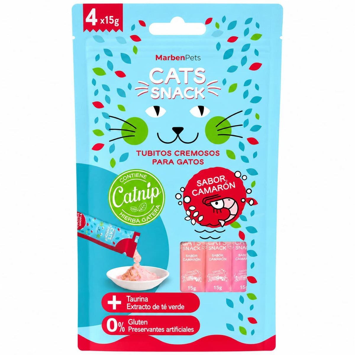 Cats Snack Tubito Cremoso Camarón con Catnip pack de 4 tubitos de 15 g para gatos