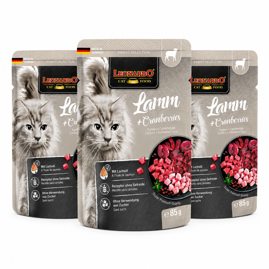 Tripack Leonardo Cordero y Arándanos 85 g para gatos