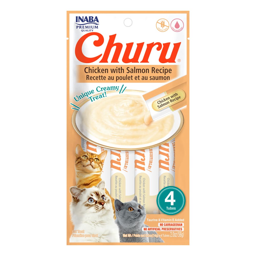 Snack cremoso para gatos Inaba Churu sabor pollo con salmón, elaborado con ingredientes naturales y alta palatabilidad.