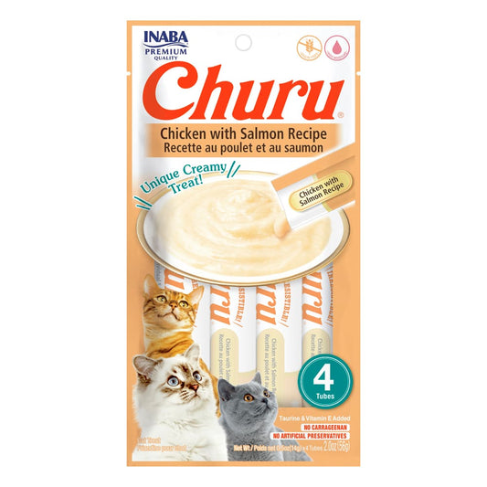 Snack cremoso para gatos Inaba Churu sabor pollo con salmón, elaborado con ingredientes naturales y alta palatabilidad.