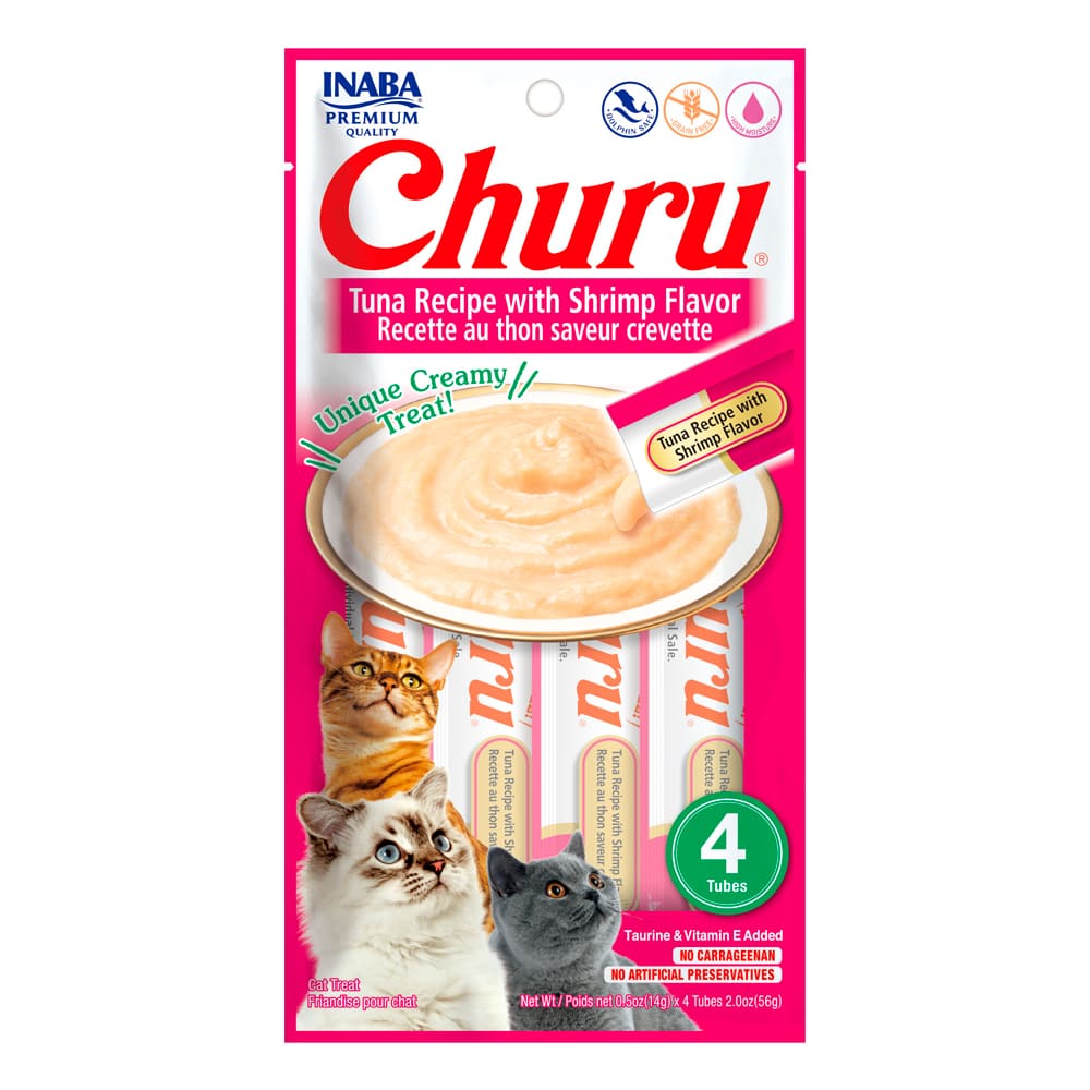 Snack cremoso para gatos Inaba Churu sabor atún con camarón, elaborado con ingredientes naturales y alta palatabilidad.