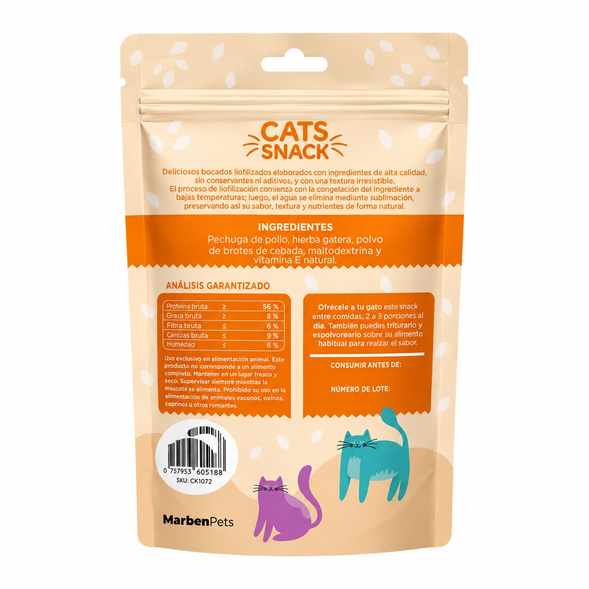 Envase posterior Cats Snack pollo liofilizado con catnip 50 g