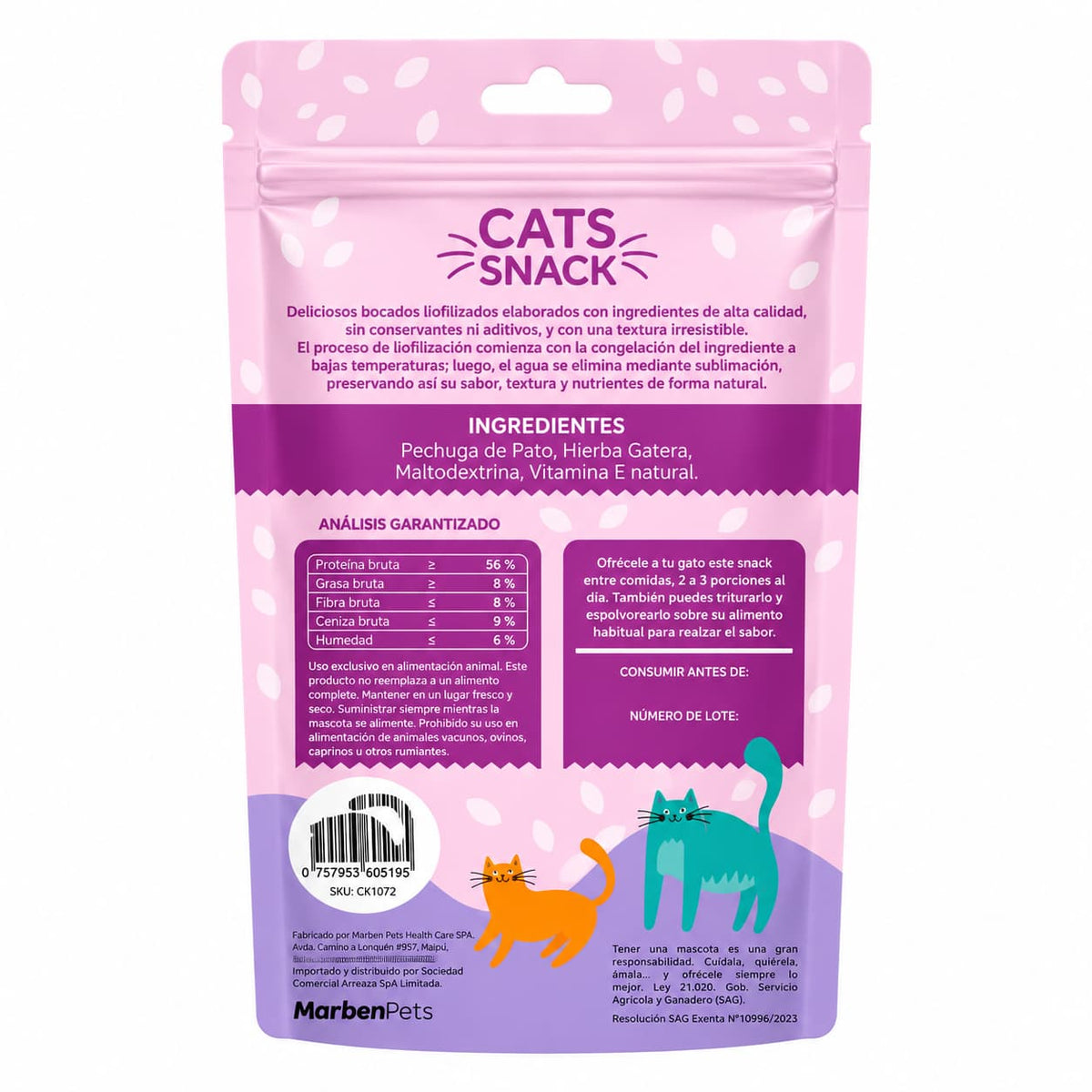 Envase posterior Cats Snack pato liofilizado con catnip 50 g