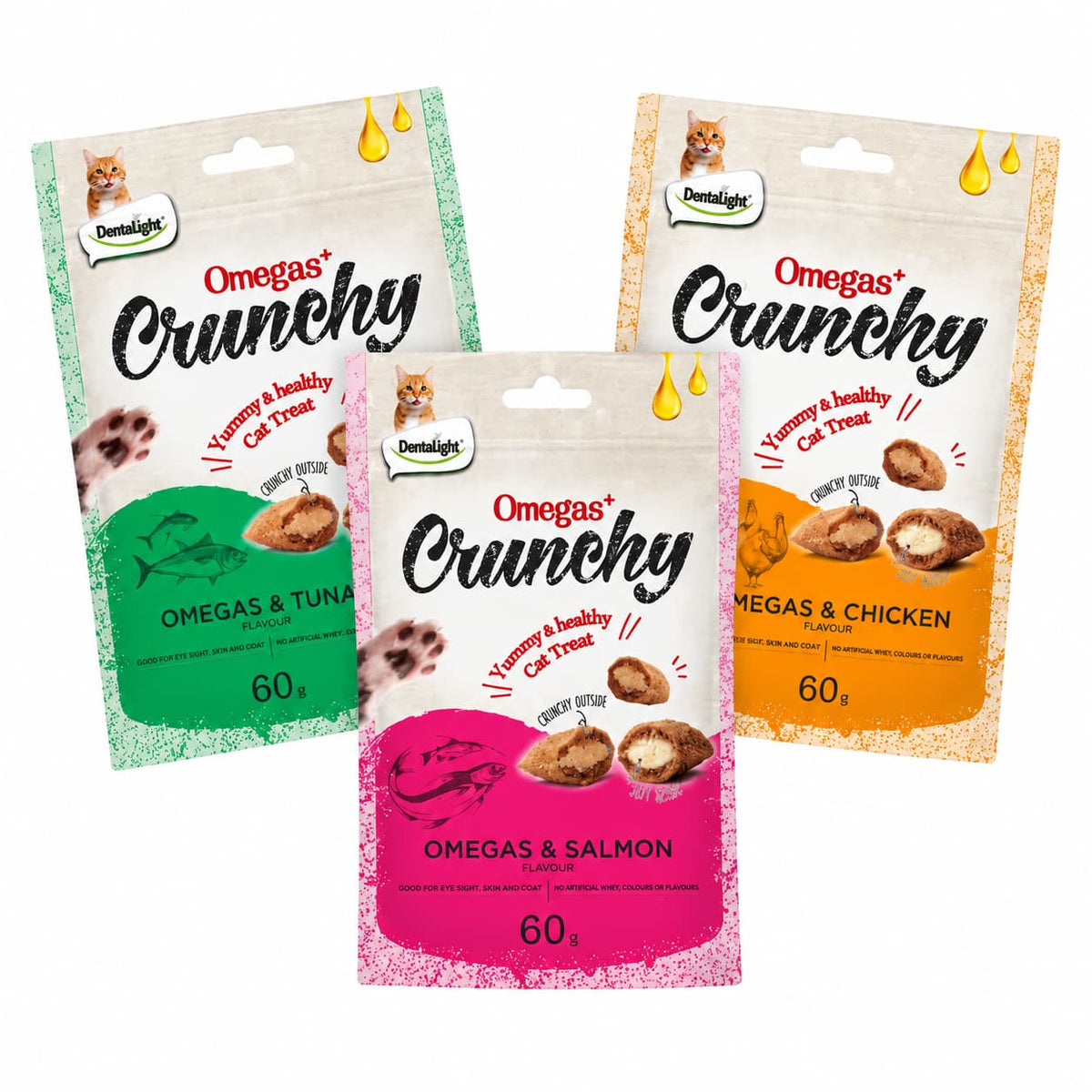 Pack Dentalight Omegas Crunchy para gatos sabores pollo, atún y salmón
