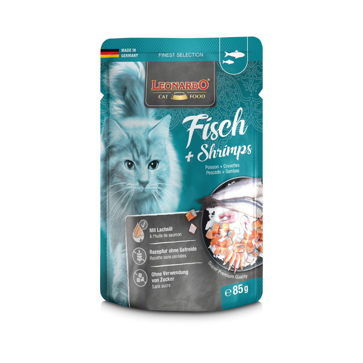 Finest Selection Pescado y Camarones 85 g alimento húmedo premium para gatos adultos