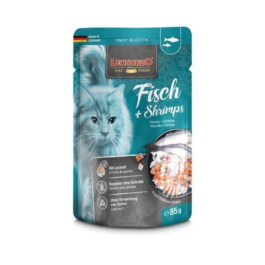 Finest Selection Pescado y Camarones 85 g alimento húmedo premium para gatos adultos